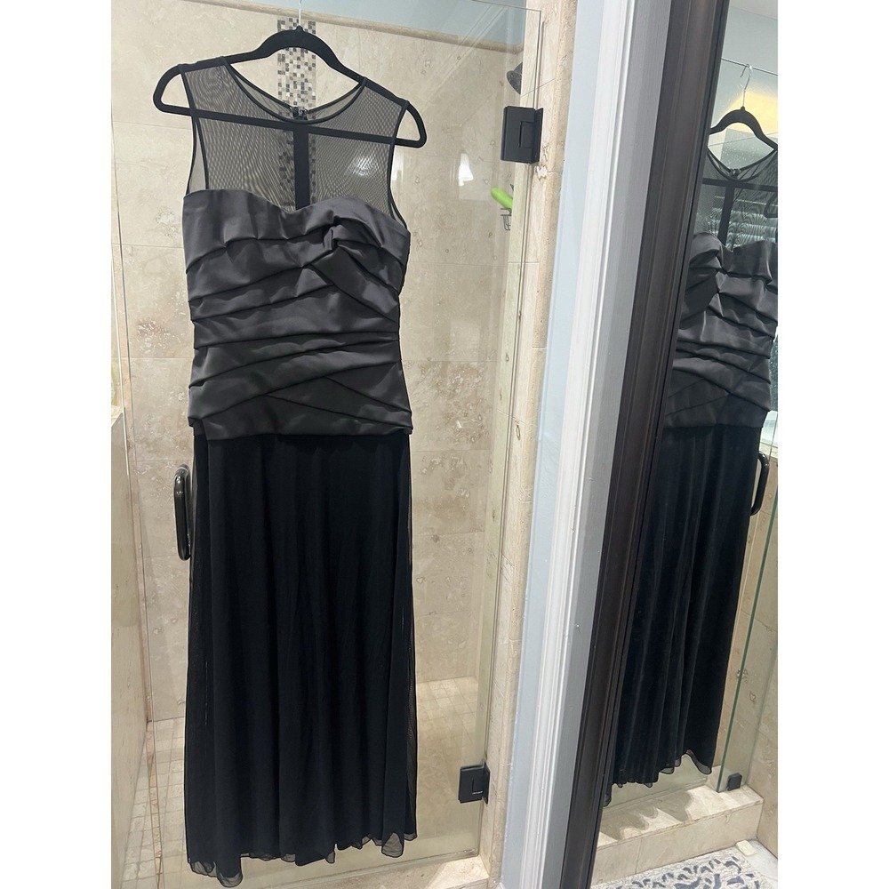 Tadashi Black Satin Mesh Sweetheart Illusion Maxi Evening Gown Dress 8